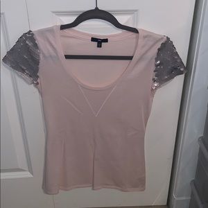 Pink tee with sequin sleeves